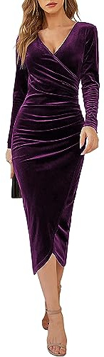 Joligiao Robe de Soirée Hiver Femme Élégant Col en V Robe Velours Robe Cocktail Courte Robe Longue Vintage Dress Robe de Noël pour Fête Noël Club Mariage Nouvel an(Violet,M)