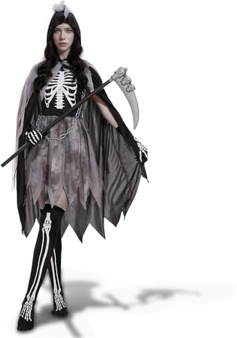 Ulikey Sensenmann Kostüm Damen, Grim Reaper Kostüm Erwachsene, Halloween Scream Geisterkostüm Kostüm Set mit Sense, Gesichtsmaske, Skelett Handschuhe, Im Dunkeln Sensenmann Robe für Halloween Cosplay