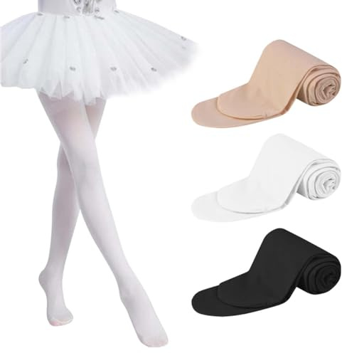 AOOPOO Lot de 3 Collant de Danse Classique Fille, Collant de Ballet Enfant, Collants de Danse Fille avec Pied, Collants de Ballet Danse Opaques Unis pour Fille Femme 1–14 Ans, Blanc/Noir/Beige