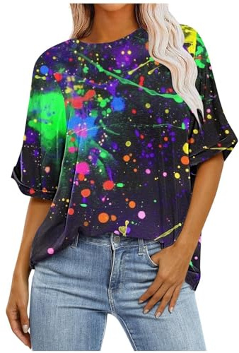 NZYIHAO Oversize T-Shirt Women's Boho Colourful Blouse Raglan Short Sleeve Tops Summer Tee Shirt Colour Block Top Crew Neck Tunic Large Sizes T-Shirt Loose Long Shirt Lightweight Blouse Shirt