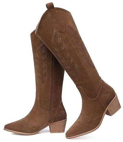 SHIBEVER Cowboy Boots for Women Knee High Suede Pointed Toe Cowgirl Boots Embroidered Pull-On Chunky Heel Western Boots, 2679-brown, 4.5 UK