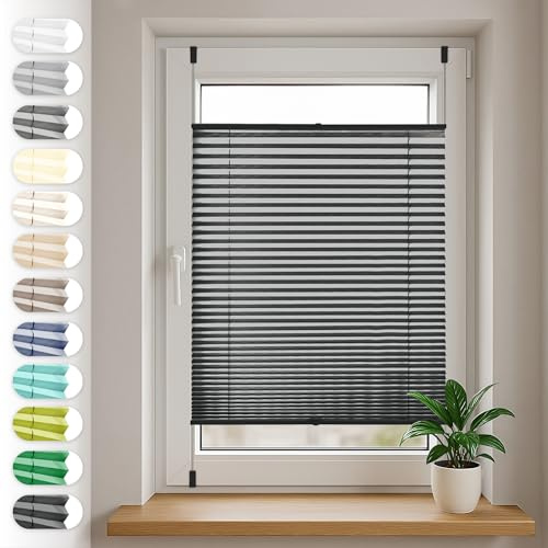 SONELLO Tenda plissettata Klemmfix senza foratura, 45cm x 200cm Nero, tende plissettate per porte e finestre con morsetti pronta per l'uso, protezione solare, Parti per Il Montaggio Incluse