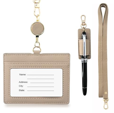 Boshiho Porta badge in vera pelle bovina, porta carte di credito, porta carte di credito con 1 finestra di identità, 1 scomparto per carte di credito, 1 cordino elasticizzato e 1 portapenne (grigio)