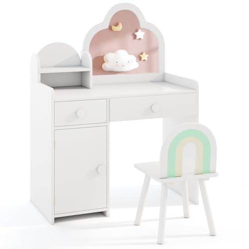 LIFEZEAL 2-i-1 sminkbord för barn, toalettbord, flicka med pall och spegel, sminkbord med skåp och låda, smink trä för barn från 3 år, vitt