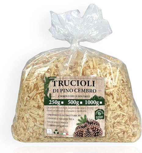 Tex family | Trucioli di Pino Cembro | Naturali e Certificati | Aroma Balsamico | Purificano Aria | Relax Aromaterapia | Eco-Sostenibili | Ideali per Cuscini e Sacchetti, 250g
