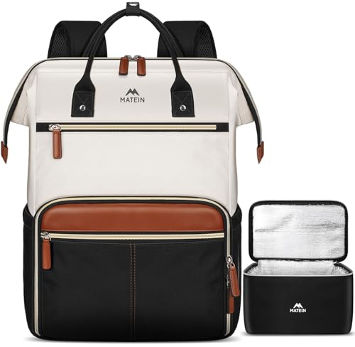 MATEIN Laptop Rucksack Damen 15,6 Zoll mit Isolierted Kühltasche, Rucksack mit Kühlfach Wasserdicht, Arbeitsrucksack Damen Anti Diebstahl, Schulrucksack 2 in 1 für Uni, Büro, Arbeit, Business, Beige