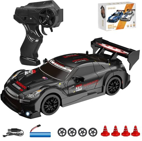 KBIBCK RC Drift Car 1:24, 2.4Ghz Remote Control Car with Cool Lighting, 30km/h High Speed 4WD Racing RC Drifting Cars, Rechargeable Mini RCDrift Cars, Gifts for Kids Adults, for Drift and Race (Black)