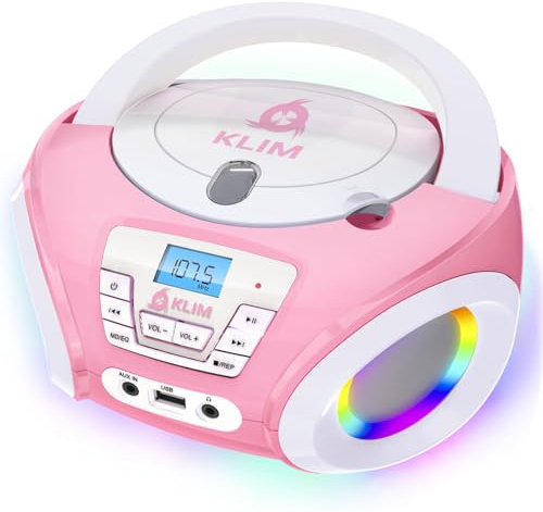 KLIM Candy Reproductor de CD para niños - Nuevo - Radio FM y baterías Incluidas - Radio CD con Altavoces, USB, AUX - El Regalo Ideal para niños y niñas - Rosa