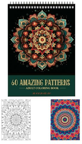 Mandala Colouring Books for Adults, Spiral Bound, Mandala Colouring Book, 11.4x8.3 Inches, 60 Pages for Relaxation