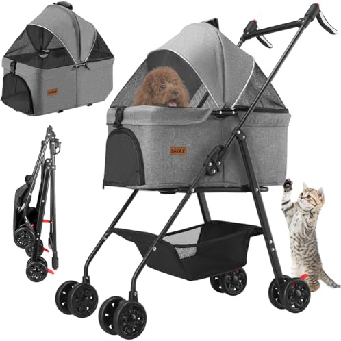 BAKAJI Passeggino per Cani e Gatti 2 in 1 Pieghevole e Salvaspazio con Cestello Rimovibile, Carrozzina per Animali Domestici con Capsula Trasportino Removibile e Ruote, Tettuccio Apribile (Grigio)