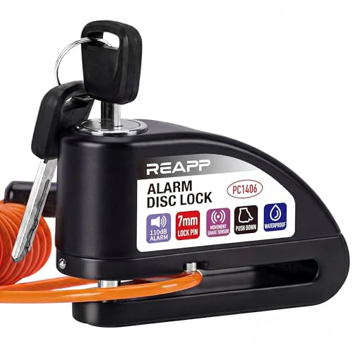 REAPP Antivol Moto Renforcé, Bloque Disque Alarme 110dB Bloc Haute Sécurité | Antivol Essentiel, Étanche, Piles de rechange, Câble de Rappel 1,5m et Sac, Compatible Moto/Vélo/Scooter avec Frein à Disque