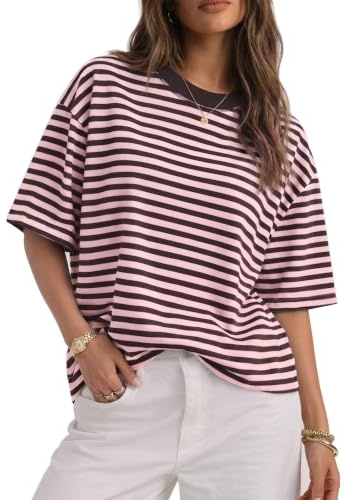 Cuptacc T-shirt, dam, randiga, överdimensionerade, kortärmade toppar, sommar, casual | Rund hals, randig, långärmad, lös, ledig, skrynkelfri, mångsidig, kombinerbar bas