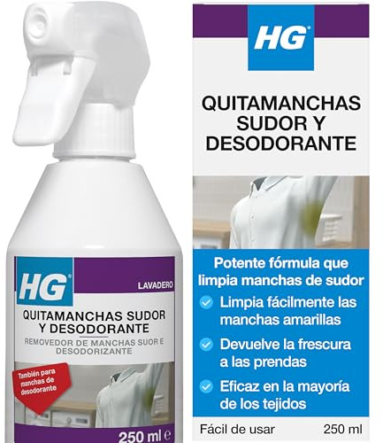 HG Eliminador Manchas Sudor y Desodorante, Tratamiento Prelavado para Eliminar Manchas de Axilas en Camisetas y Camisas, Tejidos Blancos y de Color - 0,25 cl