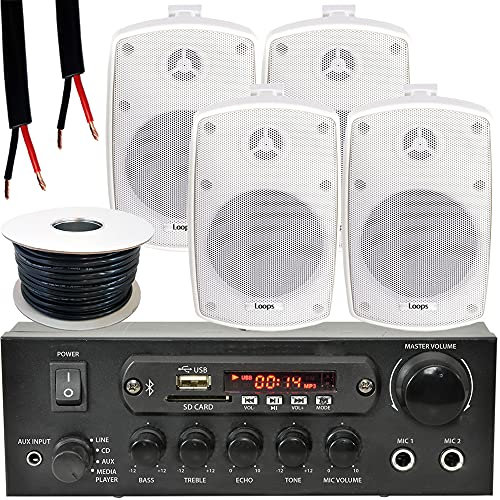 Qty 4x - 4” 60W White Wall Mounted Outdoor/Indoor Speakers & Bluetooth Amplifier Kit | SMART HOME Multi-Room | BBQ Garden Party Restaurant System | External Audio | HiFi Wireless Music Streaming