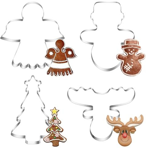 Ausstechformen Weihnachten, 4 Stück Schneemann Plätzchen Ausstecher, Edelstahl Plätzchenausstecher Weihnachtsbaum, Groß Elchkopf Keksausstecher, Engel Cookie Cutter Geschenke für Backen