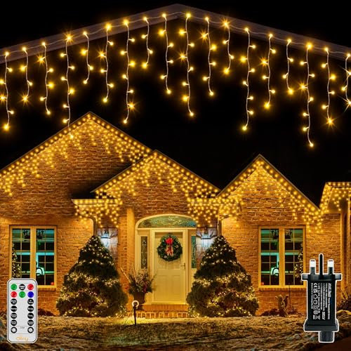 Ollny Icicle Outdoor Christmas Lights, 10M 400 LED Waterproof Hanging Fairy Light, Plug/Remote/8 Modes/Timer/Connectable Warm White String Light, Lighting Outside Gutter House Roof Xmas Decorations