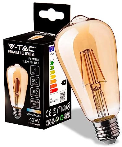V-TAC Lampadina LED Filamento Ambrata ST64 con Attacco E27-4W (Equivalenti a 30W) - 350 Lumen - Lampadine Vintage - Massima Efficienza e Risparmio Energetico - 2200K Bianca Calda