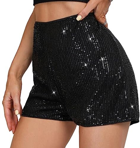 PengFaXin Damen-Shorts mit Pailletten, hohe elastische Taille, einfarbig, glitzernd, Party-Shorts, Schwarz , M