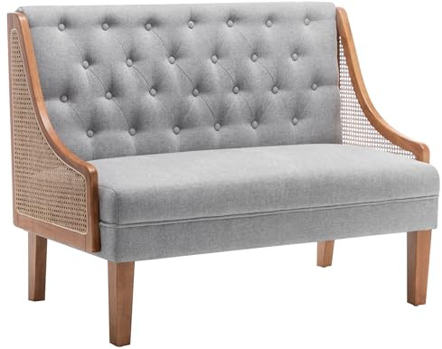 Yongqiang Upholstered Settee Bench Small Loveseat Sofa Rattan Dining Bench with Back Banquette Seating for Kitchen Dining Room Living Room Button Tufted Mini Couch Grey