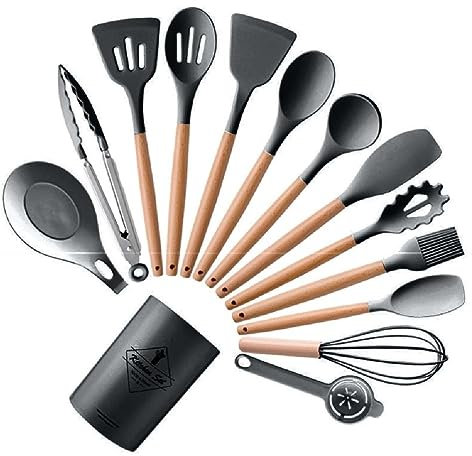 14 Pièces D'ustensiles Cuisine En Silicone Qualité Alimentaire Outils Cuisson Antiadhésifs Poignées En Bois Pinces Cuisine Cuillère Spatule Outil Poignées En Bois Gadget