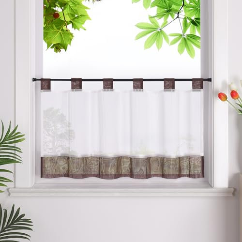 HeichkelL Scheibengardine mit Schlaufen Leinenoptik Gardine Halbtransparent Bistrogardine Landhausstil Kurzstores Braun HxB 45x90cm