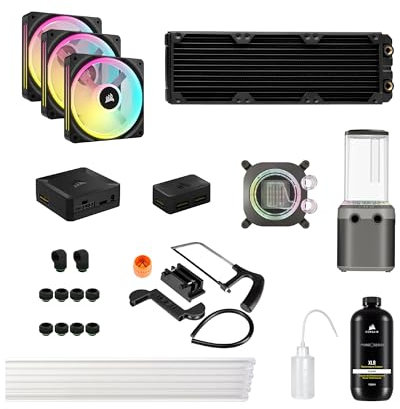 Corsair Hydro X Series iCUE LINK XH405i Custom Cooling Kit – Hardline Water Cooling Loop – XC7 ELITE CPU Water Block – XD5 ELITE D5 Pump Res – XR5 360mm Radiator – 3x QX120 RGB Fans – Stealth Grey