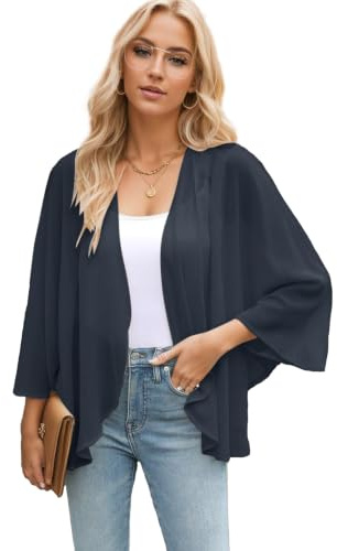 Famulily Ladies Chiffon Kimono Cardigans Summer Sheer Shrugs Top Half Sleeve Open Front Beach Cover up (L,Navy)