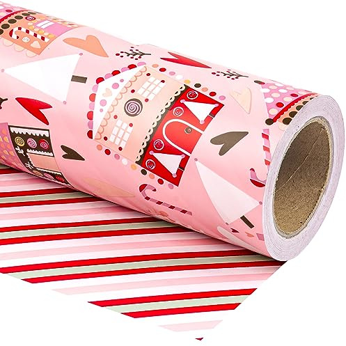Ruspepa Vändbart julklappspapper, minirulle, 43,2 cm x 10 m, design med hus, julgran och polkagrisar, för jul, helgdagar, festfirande