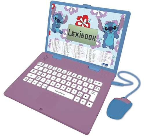 Lexibook, Disney Stitch, Ordenador Educativo bilingüe en inglés/español, 124 Actividades de lenguaje, Escritura, matemáticas, lógica, música y Juegos, para niños y niñas, JC598Di2