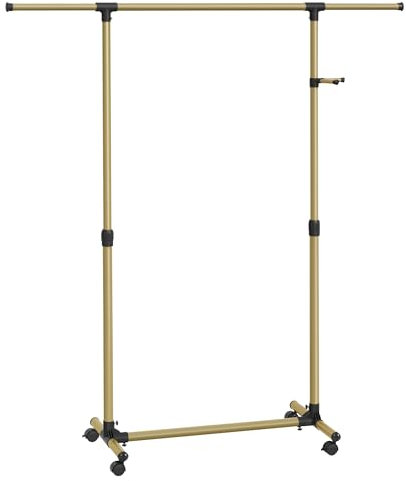 SONGMICS Kleiderständer auf Rollen, Kleiderstange, höhenverstellbar zwischen 97 und 165 cm, ausziehbare Garderobenstange, Garderobenständer, seitliche Haken für Accessoires, blassgold LLR001A01