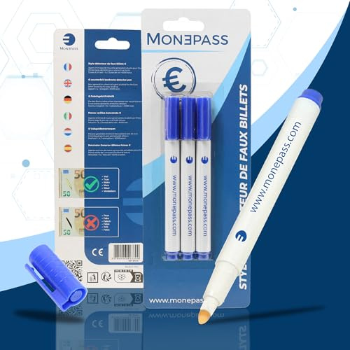 Monepass Lot de 3 stylos détecteur de faux billets spécial Euro - Tout nouveau modèle dédié à l'euro pour encore plus d'efficacité. Détection faux billets de banque - Marque Française