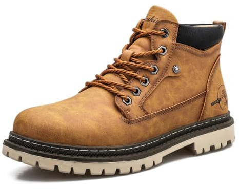 Boots for Men UK Vintage Black Leather Work Boots Mid-Cut Lace-Up with Rugged Sole for Motorcycle Durable-Sole Footwear for Work, Travel, Business (Size 5.5-12 UK) (Yellow,9)