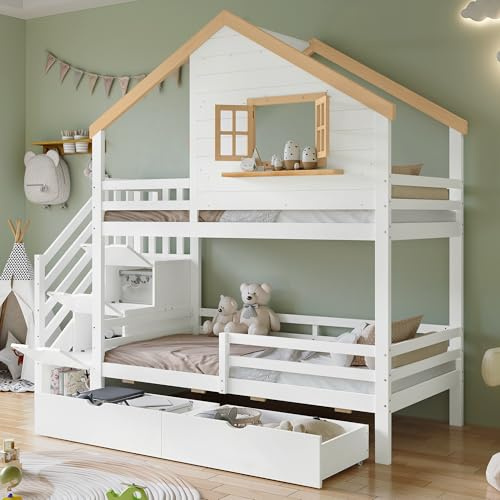 Merax Lit superposé, 90 x 200 cm, pour 2 enfants, cabane dans un arbre, avec protection anti-chute, sommier à lattes, escalier de rangement et tiroirs, lit de maison, avec toit et fenêtre, lit