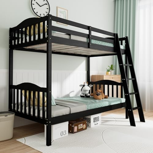 VINGLI Solid Wood Bunk Bed Twin Over Twin Classic, Twin Bunk Beds for Kids and Adults with Full Length Guardrails and Flats Pedals,Easy Assembly,No Box Spring Required,Black