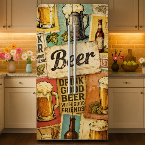 GOMAKERER 2 Pcs Vintage Beer Pattern Removable Refrigerator Wraps, Self-Adhesive Fridge Door Mural Vinyl Freezers Panel Cover Sticker for Kitchen Bar Decor, 41.5x200cm