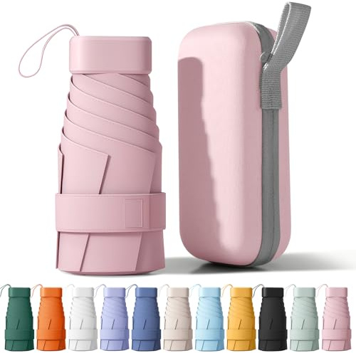 BONHHC Mini ombrelli,Ombrelli da Tasca,Ombrello pieghevole tascabile, unisex portatili e pieghevoli (con custodia) (Rosa)