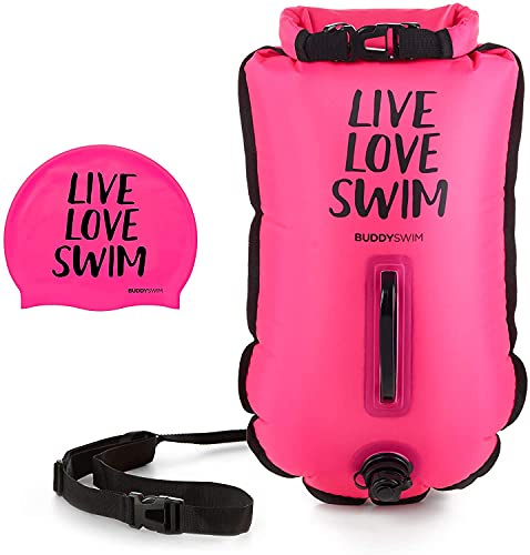 Buddyswim Set Freiwasser Schwimmboje 20 Liter und Badekappe. Sicherheitsschwimmboje für das Schwimmen im offenen Wasser Schwimmhilfe mit wasserdichtem Beutel und Silikonkappe. Rosa