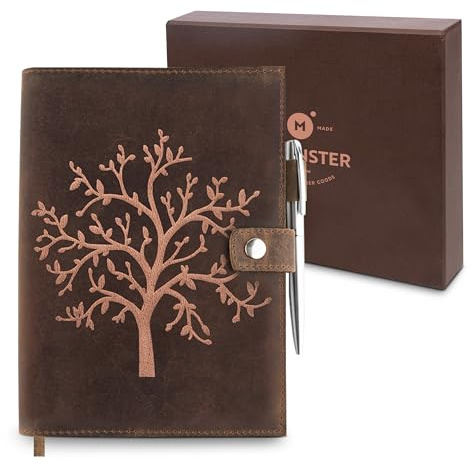 moonster Quaderno Ricaricabile in Pelle - Design Albero della Vita - Taccuino Pelle Artigianale Quadernino Appunti con Porta Penna – Porta Agenda con Quaderno A5 a Righe e Penna d’Argento