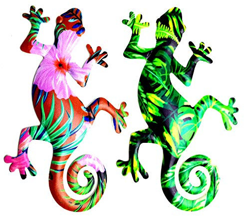 TYFG Metal Gecko Wall Decor,Garden Ornaments Wall Art Outdoor Garden Decorations Fence Sculpture Set of 2 Hanging for Outdoor Backyard Porch Home Patio
