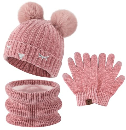 Bambino Bambina Invernale Termico Cappello Berretto Beanie con Pompom Sciarpa Scaldacollo in Maglia Guanti Touch Screen Set per 3-10 Anni Bambini