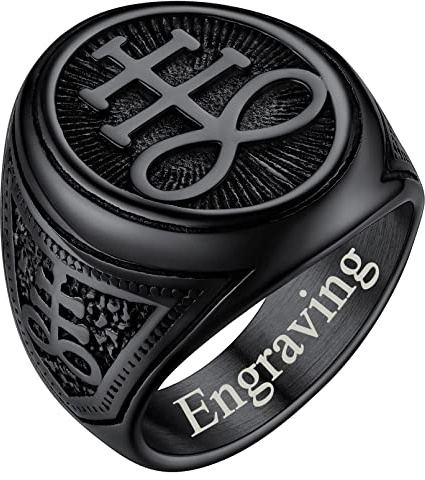 FaithHeart Chevalière Sceau de Leviathan Satan Prénom Personnalisé Noir 61.5 Bague Satan Nom de Gravure Gothique Biker Vintage