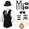 Jungen 1920er Gangster Kostüm Zubehör Set für Kinder Cosplay Weste Hosenträger Fliege Hut Bart Taschenuhr für Kinder (M)