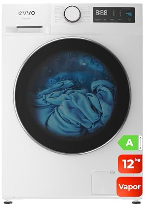 EVVO Lavadora 12kg, Vapor, Bajo consumo, Clase A, Motor Inverter, Hygiene Pro, Lavado Rápido 15', Tambor ePROTECT, Inicio Diferido, 1400 rpm, 15 programas, Carga frontal, Nature (12Kg, Blanco)