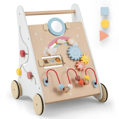 GOPLUS Stabil gåstol av trä, multifunktionell gåvagn med flera spelinställningar och förvaring, pedagogisk leksak, promenadhjälp med gummihjul och handtag, för barn från 3 år gammal (modell 4)