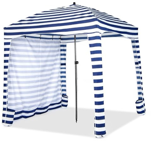 COSTWAY Tenda da Spiaggia Pieghevole 183 x 183 cm, Tenda da Mare con Borsa di Trasporto, Parete Removibile e 8 Tasche per Sabbia, per Spiaggia, Campeggio e Picnic (Blu e Bianco, 183 x 183 cm)