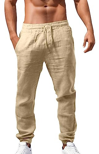 Generisch Herren Leinenhosen Lange Leichte Sommerhosen Mittelalterliche Lockere Freizeithosen Urlaub Strand Tägliche Freizeithosen Einfarbige Hosen