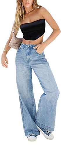 Qianderer Jean baggy taille haute coupe ample droite jambe large boyfriend pantalon décontracté en jean avec poches pour femme, noir foncé, S