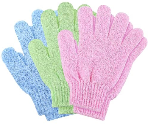 Exfoliating Gloves | Bamboo Shower Gloves | 6pcs Bath and Body Exfoliator Mitts | Scrubs Away Ingrown Hair and Dead Skin for Shower, Spa, Massage and Dead Skin Cell Remover Loofah - Green,Blue,Pink