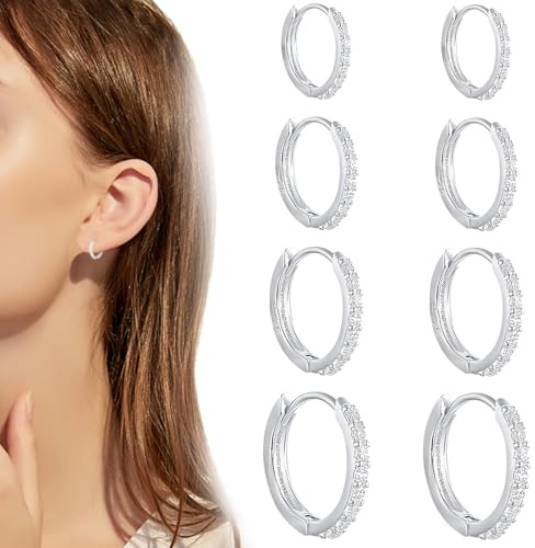 SJBAUTYO 4 Pares Pendientes Aro Plata Mujer - Juego de Pendientes Aro Pequeños, Pendientes Hipoalergénicos Chapados en Oro de 14K, Pendientes Aros Dorados Circonita Cúbica Hombre Niñas 6/7/8/9mm