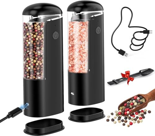 macina sale pepe elettrico: macinino pepe elettrico automatico con luce LED, rugosità regolabile, funzionamento con una mano, nero, 2 unità